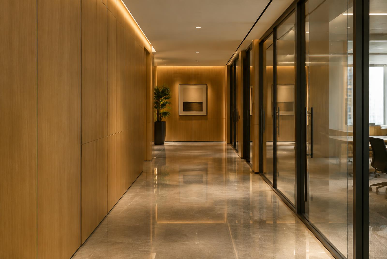 Office corridor with wood panelling and polished stone floor (illustrative image)